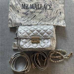 MZ Wallace Metallic silver LEATHER with gold hardware Quilted Crossbody Bag